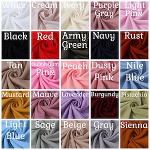 May include: Swatch card of 20 different waffle knit fabric colors. The colors include white, cream, ivory, purple, light gray, light pink, black, red, army green, navy, rust, tan, bubblegum pink, peach, dusty pink, nile blue, mustard, mauve, lavender, burgundy, pistachio, light blue, sage, beige, gray, and sienna.