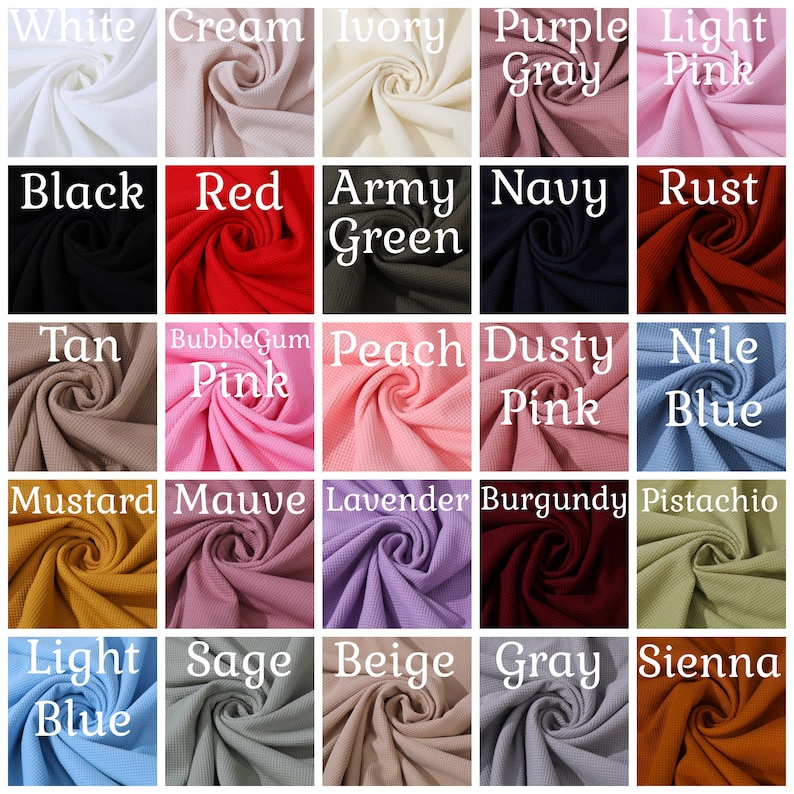 May include: Swatch card of 20 different waffle knit fabric colors. The colors include white, cream, ivory, purple, light gray, light pink, black, red, army green, navy, rust, tan, bubblegum pink, peach, dusty pink, nile blue, mustard, mauve, lavender, burgundy, pistachio, light blue, sage, beige, gray, and sienna.