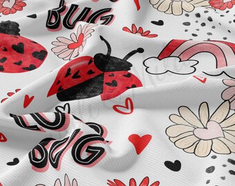 Tela de punto acanalado Love Bug cortada a medida. Tejido elástico de poliéster suave y acanalado. 1 yarda RBK1833