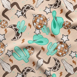 May include: A seamless pattern featuring a variety of western and disco themed elements. The pattern includes cactus, cow skulls, disco balls, stars, moons, and cowboy hats. The colors are a mix of brown, white, black, and turquoise.