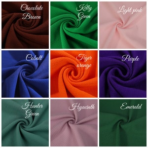 May include: Nine fabric swatches in different colours and textures. The colours are: Chocolate Brown, Kelly Green, Light Pink, Cobalt, Tiger Orange, Purple, Hunter Green, Hyacinth, and Emerald.