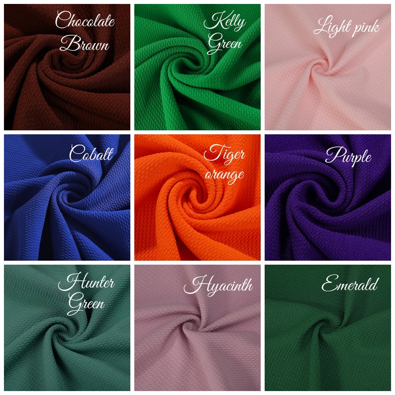 May include: Nine fabric swatches in different colours and textures. The colours are: Chocolate Brown, Kelly Green, Light Pink, Cobalt, Tiger Orange, Purple, Hunter Green, Hyacinth, and Emerald.