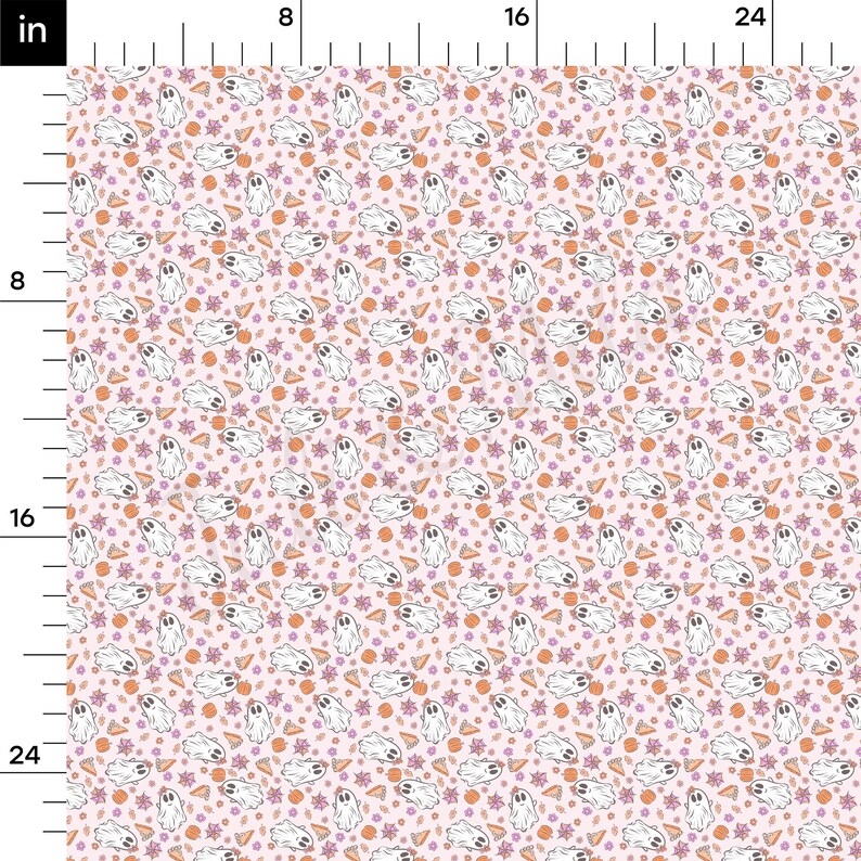 May include: A light pink Halloween fabric featuring a repeating pattern of white ghosts, orange pumpkins, purple stars, and pie slices. Ideal for craft projects and seasonal decorations. The pattern repeats across the fabric.
