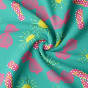 May include: Teal fabric with a repeating pattern of pink sunglasses, yellow suns, and pink and white flip flops.