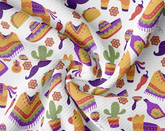 May include: A white fabric with a repeating pattern of colorful Mexican fiesta elements. The pattern includes a yellow and purple poncho, a cactus, a maraca, a sombrero, a taco, a mustache, a piñata, and a chili pepper.