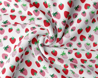 Ribbstickat tyg på metervara Ribbad jersey Stretchigt mjukt polyester stretchtyg 1 meter RBK2468 Jordgubbar Jordgubb Sommarfrukt
