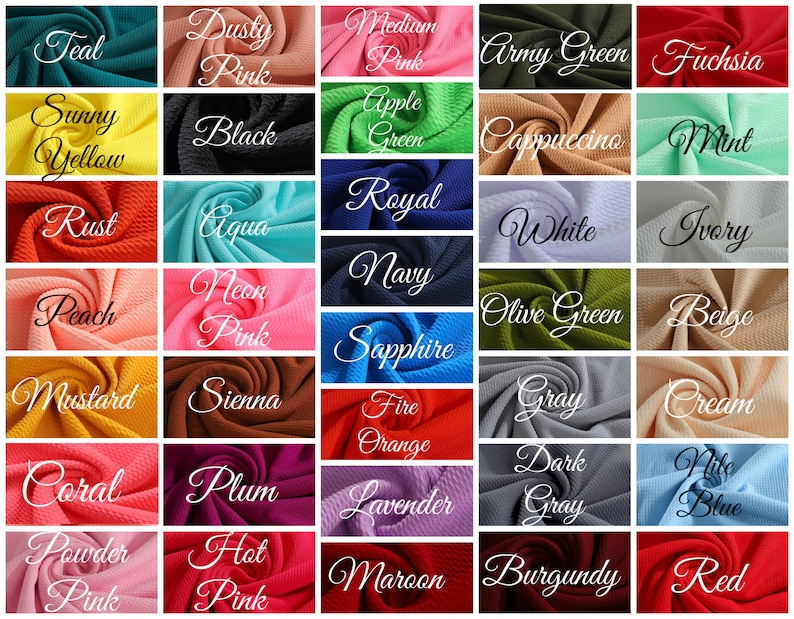 May include: A chart of 36 fabric swatches in various colors, including teal, dusty pink, medium pink, army green, fuchsia, sunny yellow, black, apple green, cappuccino, mint, rust, aqua, royal, white, ivory, peach, neon pink, navy, olive green, beige, mustard, sienna, fire orange, gray, cream, coral, plum, lavender, dark gray, Nile blue, powder pink, hot pink, maroon, burgundy, and red.