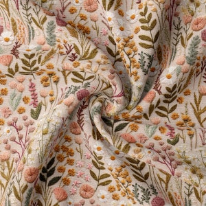 May include: Close-up of a beige fabric with an embroidered floral pattern. The design features a variety of flowers in shades of pink, yellow, and white, along with green leaves and stems. The fabric is slightly wrinkled.