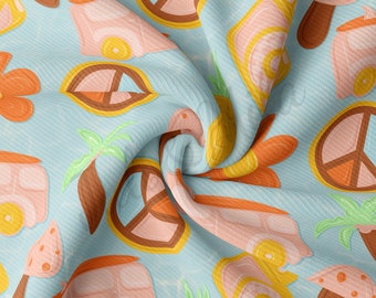 May include: A blue fabric with a repeating pattern of pink and yellow vans, peace signs, pineapples, and palm trees. The fabric is textured and has a slightly crinkled appearance.