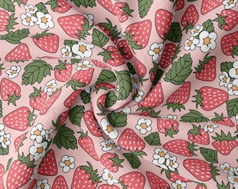 Rib Knit Fabric by the Yard Ribbed Jersey Stretchy Soft Polyester Stretch Fabric 1 Yard Strawberries RBK3145