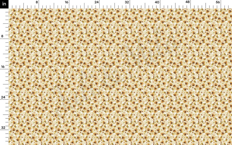 May include: A seamless pattern featuring a repeating design of stylized bees and honeycombs in shades of brown and yellow on a white background.