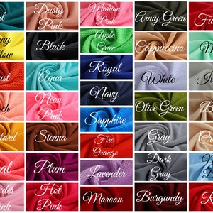 May include: A chart of 36 fabric swatches in various colours, including teal, dusty pink, medium pink, army green, fuchsia, sunny yellow, black, apple green, cappuccino, mint, rust, aqua, royal, white, ivory, peach, neon pink, navy, olive green, beige, mustard, sienna, fire orange, grey, cream, coral, plum, lavender, dark grey, Nile blue, powder pink, hot pink, maroon, burgundy, and red.
