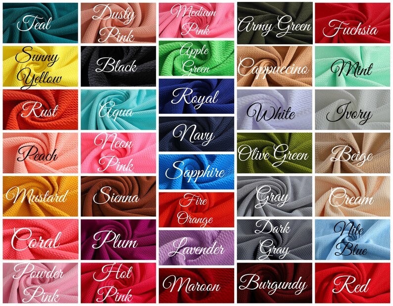 May include: A chart of 36 fabric swatches in various colours, including teal, dusty pink, medium pink, army green, fuchsia, sunny yellow, black, apple green, cappuccino, mint, rust, aqua, royal, white, ivory, peach, neon pink, navy, olive green, beige, mustard, sienna, fire orange, grey, cream, coral, plum, lavender, dark grey, Nile blue, powder pink, hot pink, maroon, burgundy, and red.