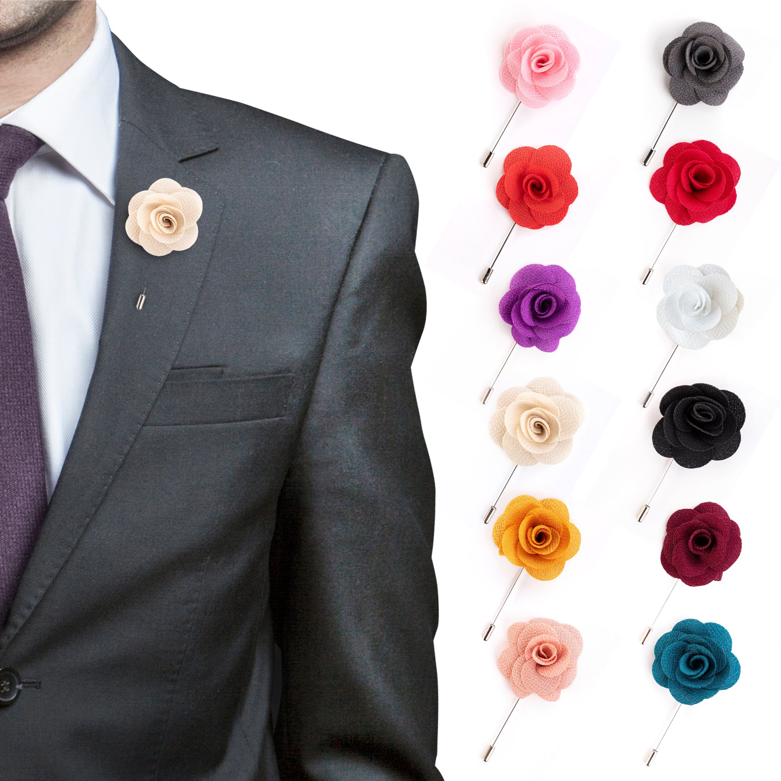 Pink Suit Men Wedding Brooch Boutonniere Pins - White Rose Flower Lapel Pins For Groom & Groomsmen White Rose Lapel Pin
