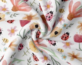 Tela de punto acanalado LadyBug Summer, cortada a medida. Tejido elástico de poliéster suave y acanalado. 1 yarda. RBK3221