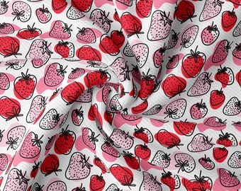 Rib Knit Fabric by the Yard Ribbed Jersey Stretchy Soft Polyester Stretch Fabric 1 Yard  RBK2474 Strawberries Strawberry Summer Fruit