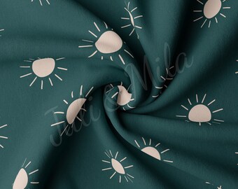 May include: Teal fabric with a white sun pattern. The suns are stylized with a simple circle and rays.