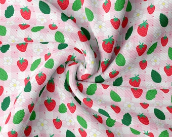 Ribbstickat tyg på metervara Ribbad jersey Stretchig mjuk polyester Stretchtyg 1 meter RBK2469 Jordgubbar Jordgubb Sommarfrukt