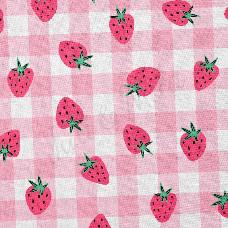 May include: A pink and white gingham pattern with red strawberries repeated throughout the design.