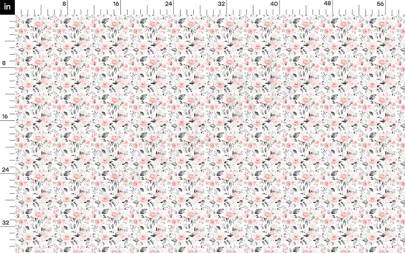 May include: White fabric with a repeating pattern of small pink and gray flowers. The fabric is perfect for crafting projects, quilting, and home decor.