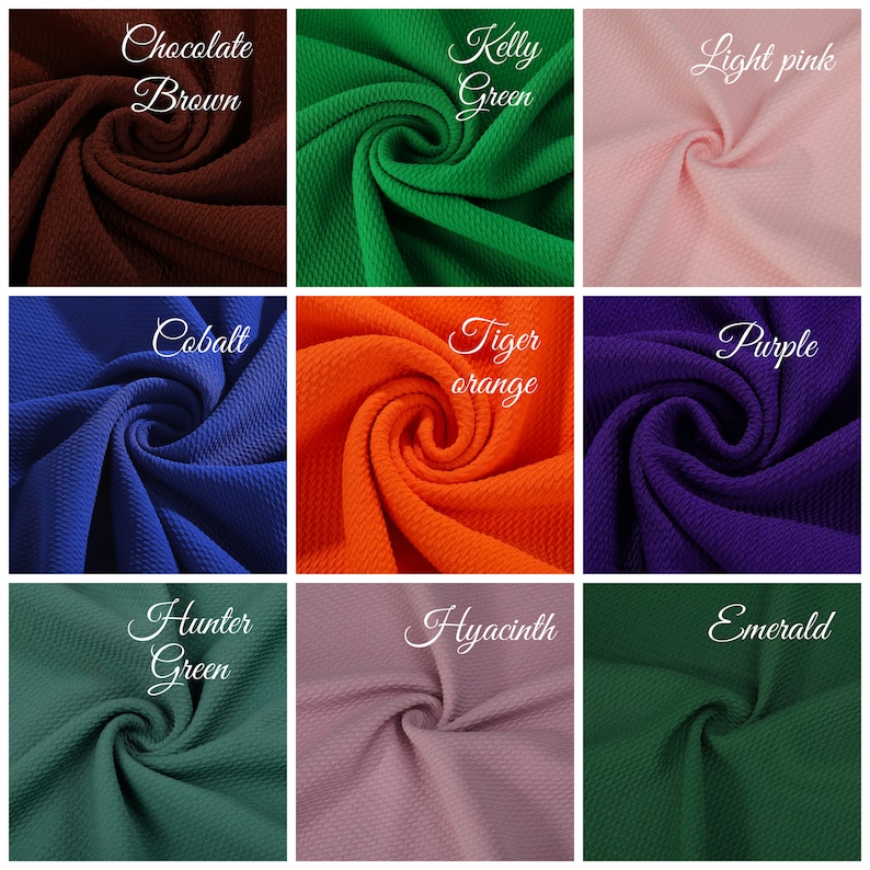 May include: Nine fabric swatches in different colors and textures. The colors are: Chocolate Brown, Kelly Green, Light Pink, Cobalt, Tiger Orange, Purple, Hunter Green, Hyacinth, and Emerald.
