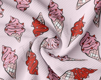 May include: A pink and white background with a repeating pattern of red and pink ice cream cones with hearts on them.