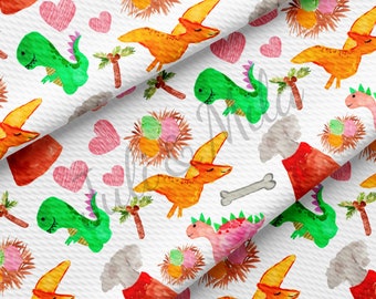 Könnte beinhalten: Wiederholtes Aquarellmuster auf weißem Hintergrund mit Dinosauriern, Herzen, Palmen, Nestern und Vulkanen. Die Dinosaurier sind in Grün-, Orange- und Rosatönen gehalten. Die Herzen sind rosa und die Vulkane rot.