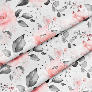 May include: A seamless pattern featuring pink and gray watercolor flowers on a white background. The flowers are arranged in a repeating pattern and are surrounded by leaves and stems.