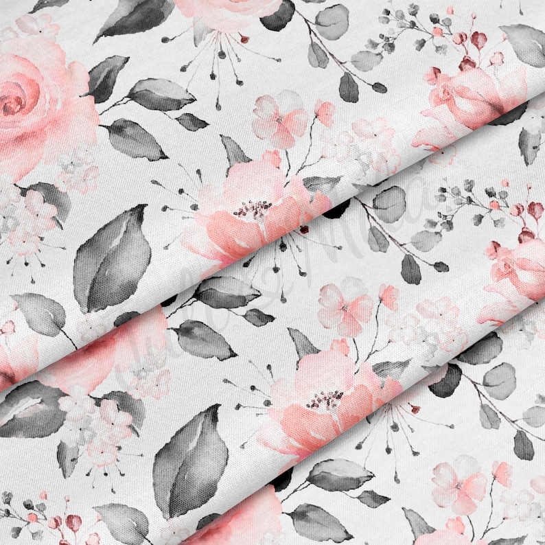 May include: A seamless pattern featuring pink and gray watercolor flowers on a white background. The flowers are arranged in a repeating pattern and are surrounded by leaves and stems.
