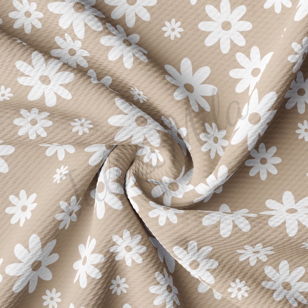 Daisy Floral Beige Liverpool Bullet Textured Fabric by the yard 4Way Stretch Solid Strip Thick Knit Jersey Liverpool Fabric AA715