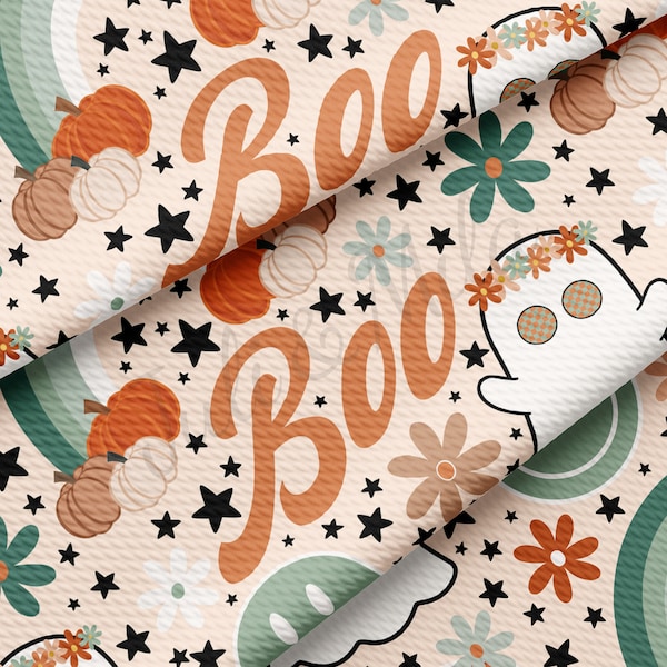 Pumpkin Boo Bullet Halloween Printed Liverpool Bullet Fabric by the yard 4Way Stretch Solid Strip Thick Knit Jersey Liverpool Fabric AA936