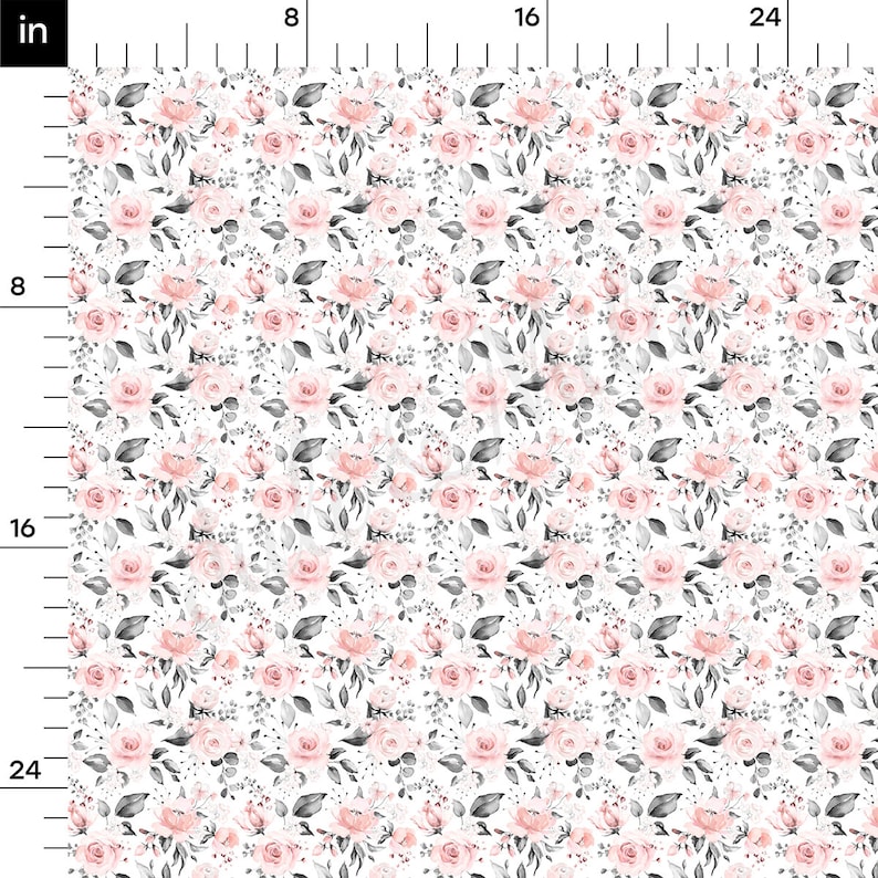 May include: A white fabric with a repeating pattern of pink and gray watercolor flowers. The fabric is perfect for crafting projects, quilting, and home decor.