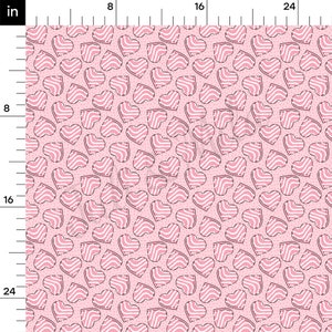 May include: Pink fabric with a repeating pattern of hearts. Each heart has a white striped design and is outlined with a dashed black line. Small, light pink dots fill the background.