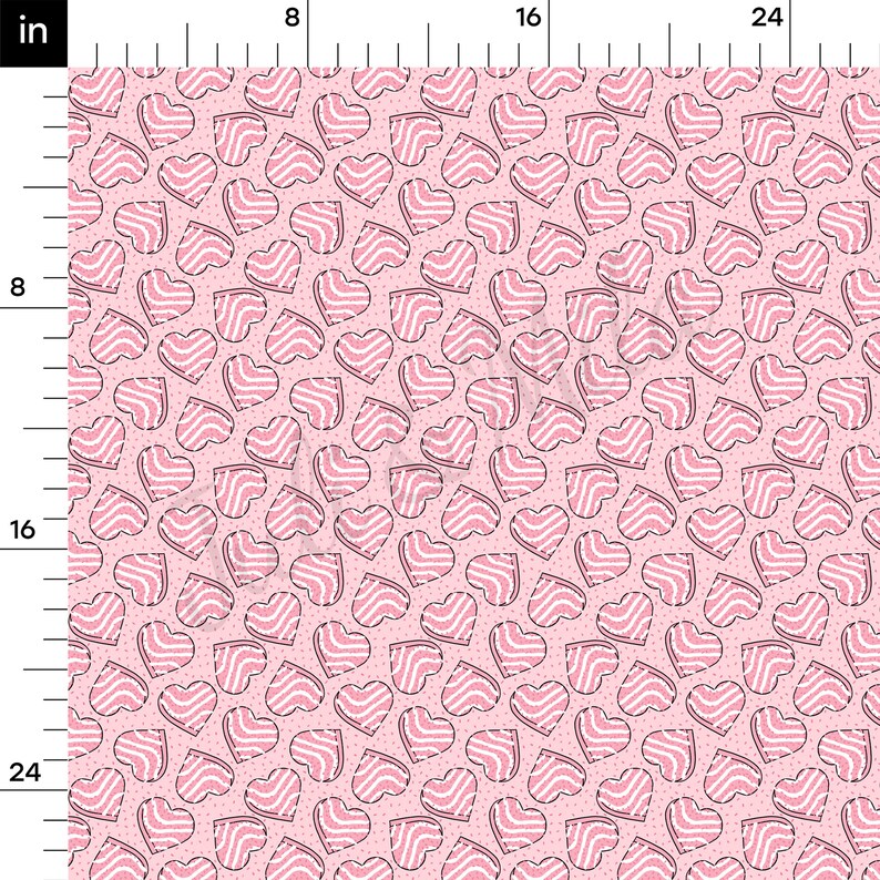 May include: Pink fabric with a repeating pattern of hearts. Each heart has a white striped design and is outlined with a dashed black line. Small, light pink dots fill the background.