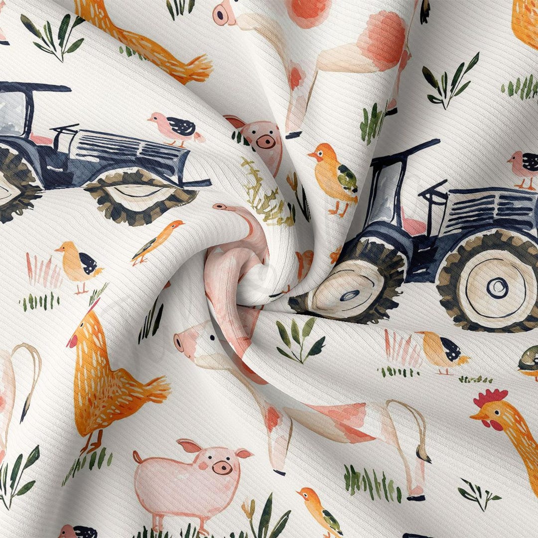 Farm Animals Rib Knit Fabric by the Yard Ribbed Jersey Stretchy Soft ...