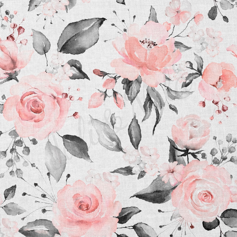 May include: A seamless pattern featuring pink and gray watercolor flowers on a white background. The flowers are arranged in a random pattern and are surrounded by gray leaves. The pattern is perfect for use in a variety of design projects, such as fabric, wallpaper, and stationery.
