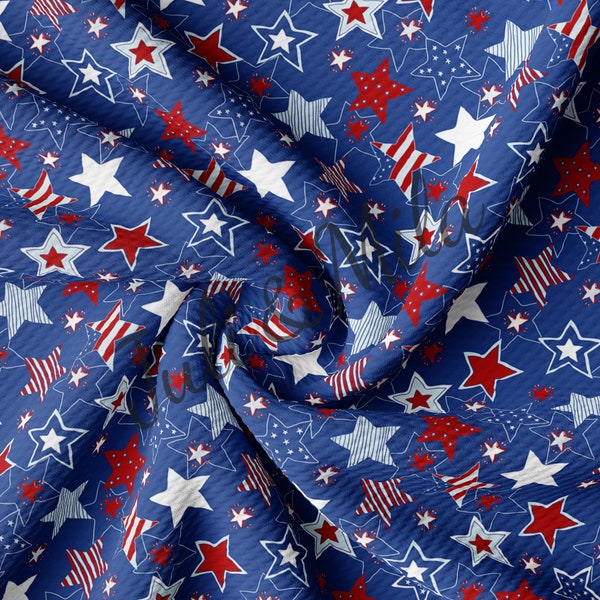 Patriotic 4th of July Printed Liverpool Bullet Textured Fabric by the yard 4 Way Stretch Solid Strip Thick Liverpool Fabric USA Flag (PT-15)