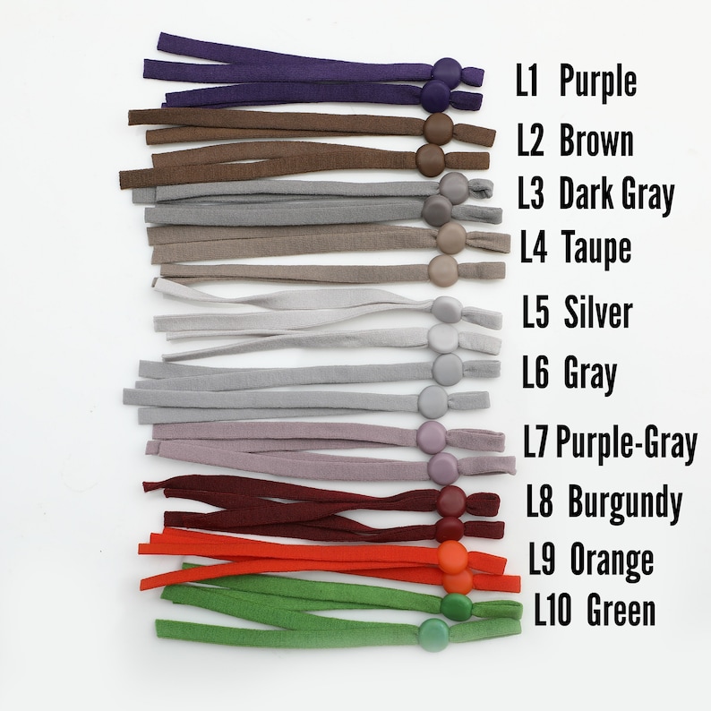 May include: Ten different colors of elastic mask extenders with adjustable toggles. The colors are purple, brown, dark gray, taupe, silver, gray, purple-gray, burgundy, orange, and green.