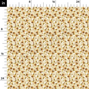 May include: A seamless pattern featuring a repeating design of bees, honeycombs, and small white flowers on a light beige background.
