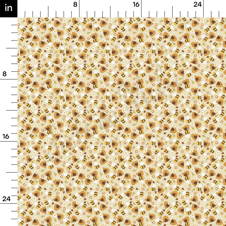 May include: A seamless pattern featuring a repeating design of bees, honeycombs, and small white flowers on a light beige background.