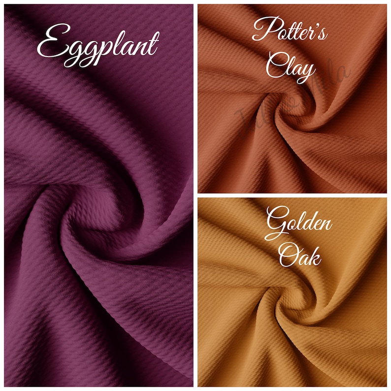 May include: Three fabric swatches in different colours: eggplant, potter's clay, and golden oak. The fabric is a waffle knit with a textured surface.
