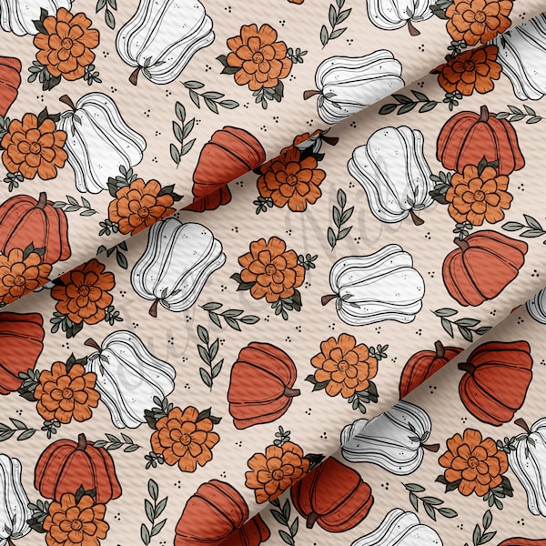 Floral Pumpkin Fall Liverpool Bullet Textured Fabric by the yard 4Way Stretch Solid Strip Thick Knit Jersey Liverpool Fabric AA723