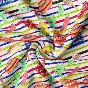 Cinco De Mayo Printed Liverpool Bullet Textured Fabric by the yard 4 Way Stretch Solid Strip Thick Liverpool Fabric (Mexico) AA48