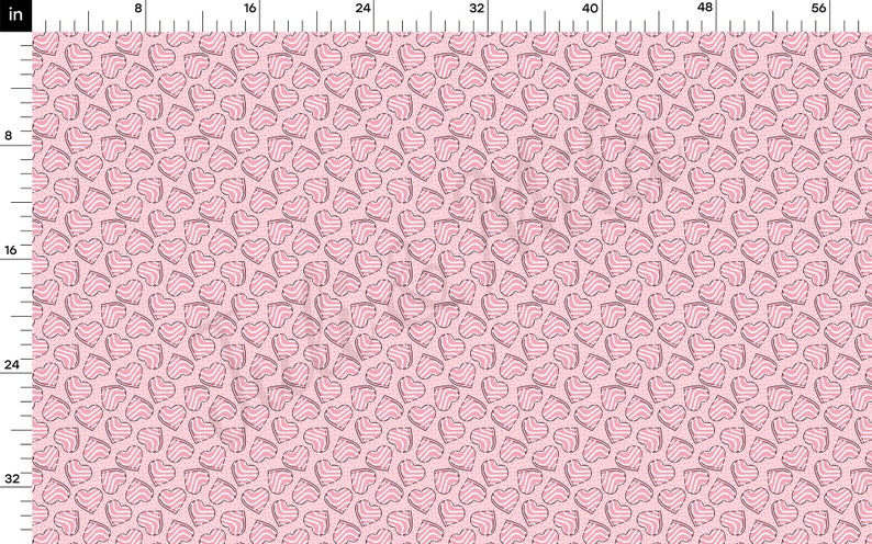 May include: Pink fabric with a repeating pattern of hearts. Each heart has a striped design in pink and white, outlined in gray. The background is a solid light pink color. The fabric is suitable for various craft projects.
