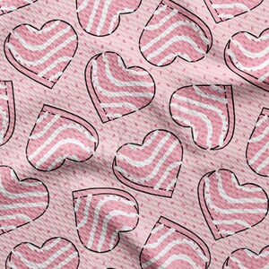 May include: A repeating pattern of pink hearts with white striped designs and black outlines. The hearts are scattered across a light pink background with small, scattered red dots. The overall design has a fabric-like texture.
