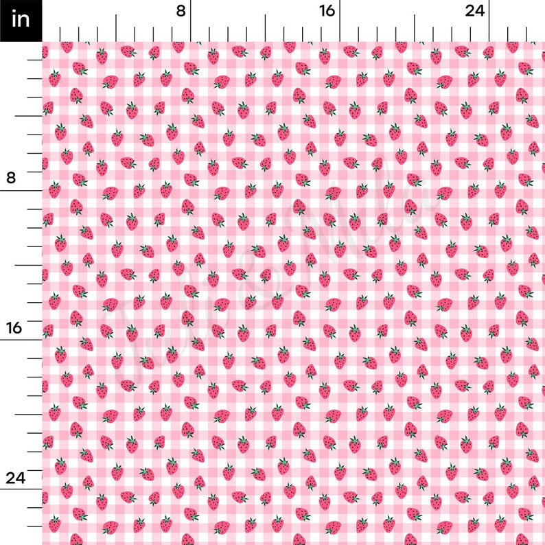 May include: Pink and white gingham fabric with a repeating pattern of small red strawberries.