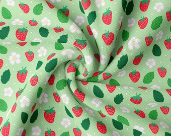 Ribbstickat tyg på metervara Ribbad jersey Stretchigt mjukt polyesterstretchtyg 1 meter RBK2470 Jordgubbar Jordgubb Sommarfrukt