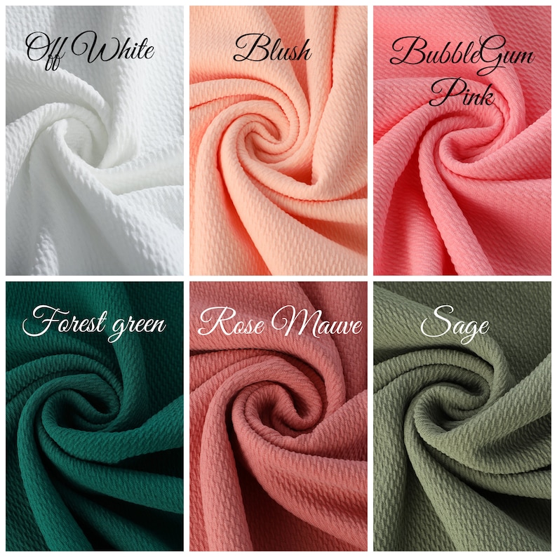 May include: Six fabric swatches in different colours: off-white, blush, bubblegum pink, forest green, rose mauve, and sage. The fabric has a textured waffle weave.