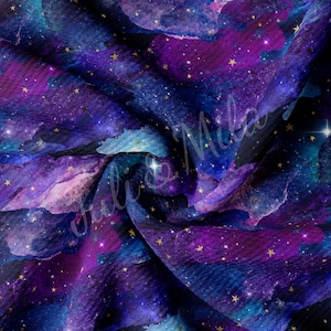 May include: A swirling galaxy print fabric in shades of blue, purple and pink. The fabric is covered in gold stars.