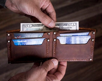 Billetera de cuero hecha a mano, soporte de tarjeta bifold personalizado, estuche de notas de cuero de vaca delgado, billetera de bolsillo grabada, regalo de cuero personalizado para él